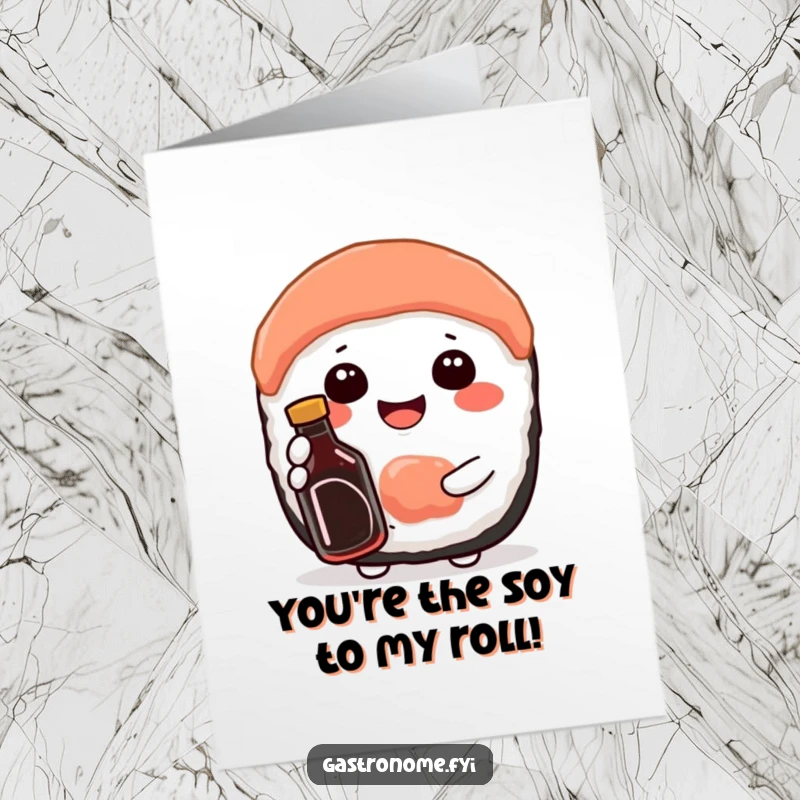 Funny Free Printable Congratulations Card: A contented sushi character beams with pride, holding a miniature soy sauce bottle.
