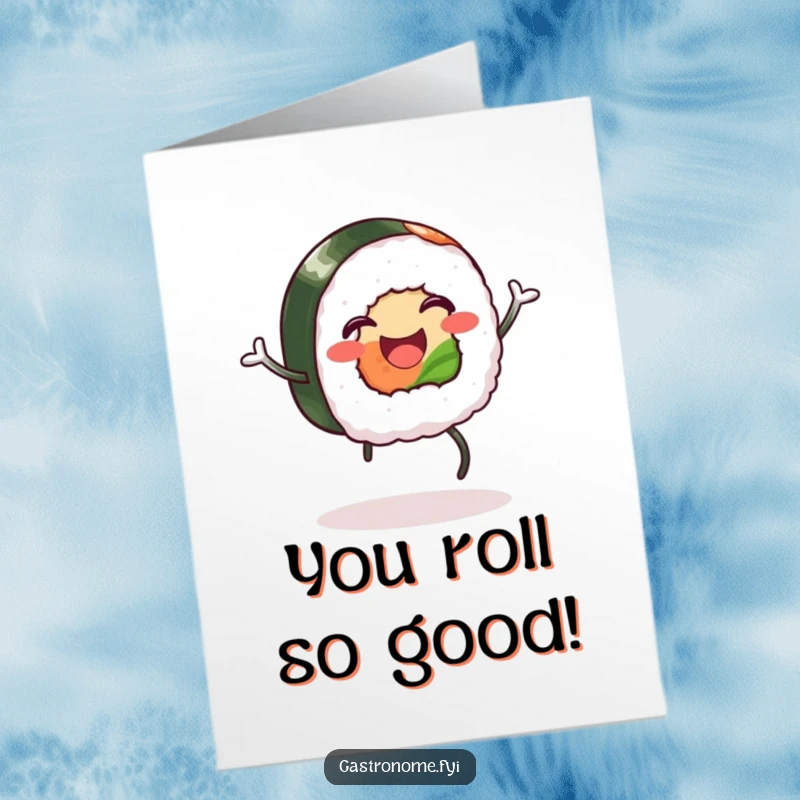 Funny Free Printable Congratulations Card: A happy piece of sushi with legs performs a silly jig, cheering for success. DIY gift.