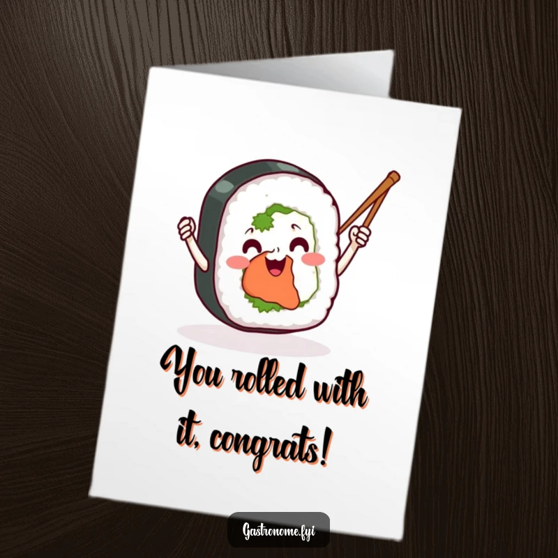 Funny Free Printable Congratulations Card: Sushi roll joyfully waves chopsticks, cheering on your amazing accomplishment.