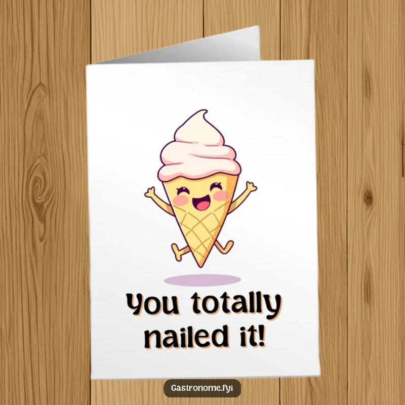 Funny Free Printable Ice Cream Cone Congratulation Card: Joyful character leaping in celebration, a sweet and humorous way to say congrats.