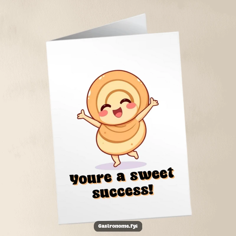 Funny Free Printable Congratulations Card: An overjoyed cinnamon roll doing a happy twirl to celebrate your success.