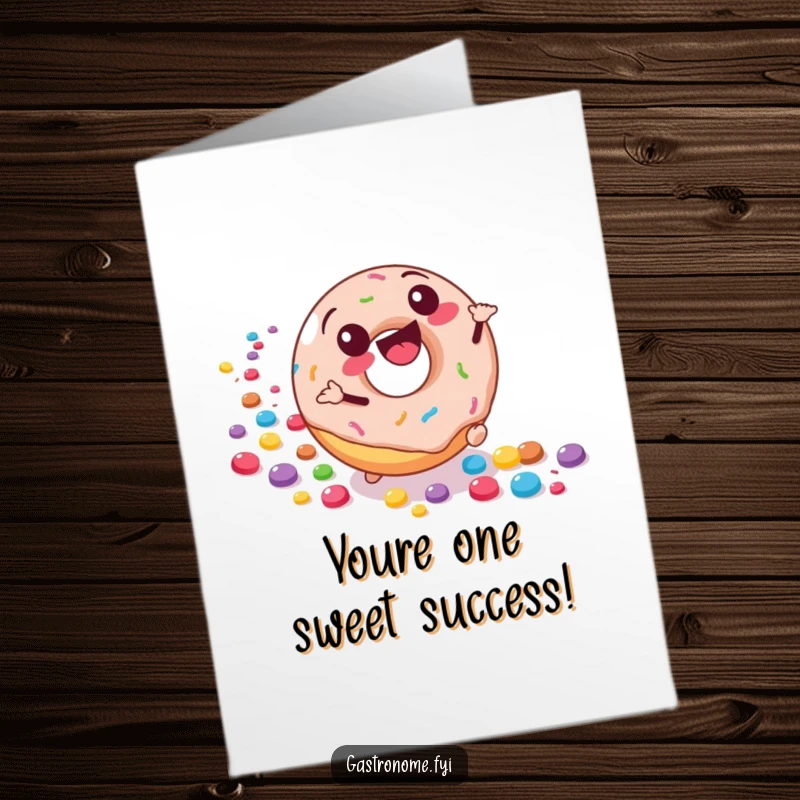Funny Free Printable Congrats Card: Energetic donut rolling downhill, scattering colorful candies. Celebration of sweet success.