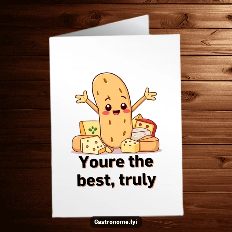 Funny Free Printable Congrats Card: Proud baguette character posing with a selection of gourmet cheeses. Celebration of good taste.