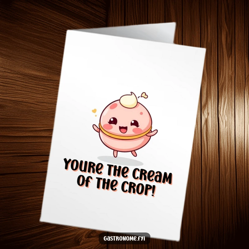 Funny Free Printable Congratulations Card: A giggling macaroon character playfully bounces with cream, cheering loudly for success with humor.