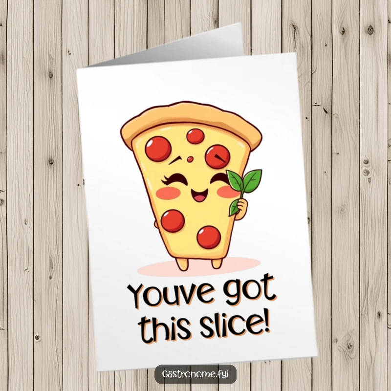 Funny Free Printable Congratulations Card featuring a giggling pizza slice character captivated by a tiny basil leaf, celebrating achievement.