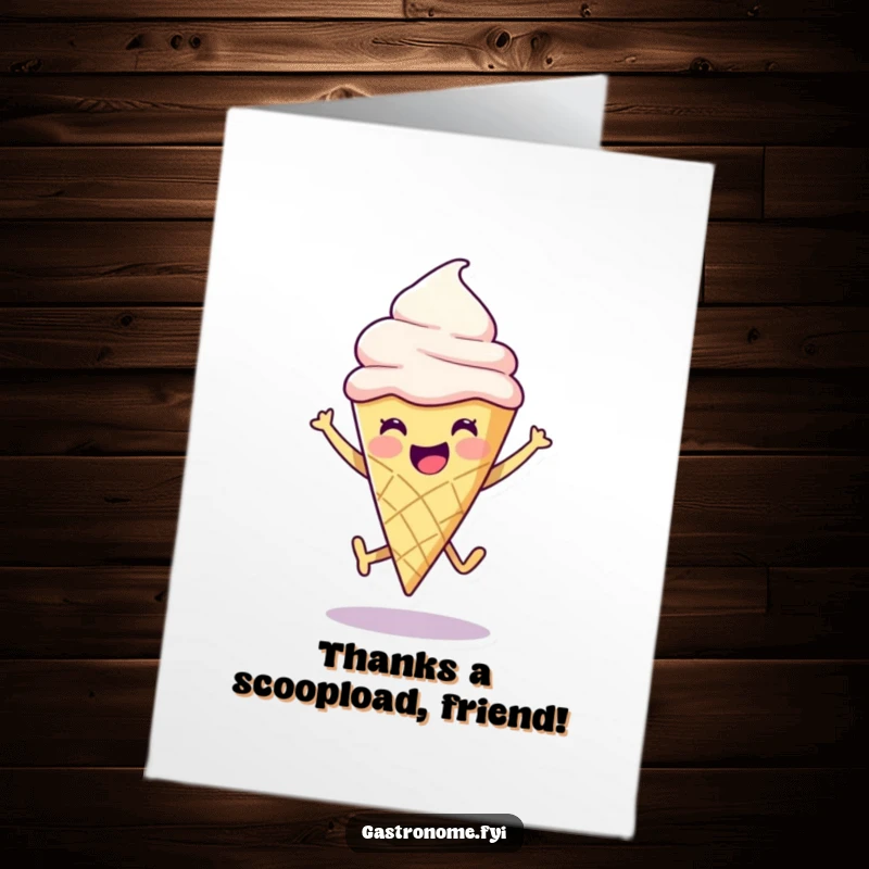 Funny Free Printable Ice Cream Cone Thank You Card: Joyful character leaping, a sweet and humorous way to express gratitude.