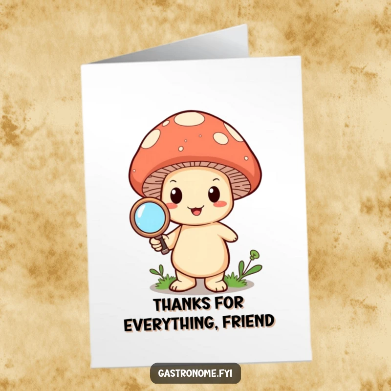 Funny Free Printable Mushroom Thank You Card: Happy mushroom character with a magnifying glass, examining something with thanks.