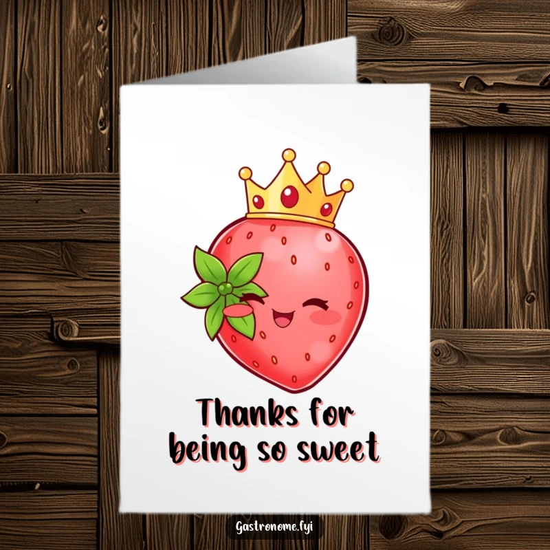 Funny Free Printable Strawberry Thank You Card: Beaming strawberry character with a crown, offering a sweet and royal thank you.