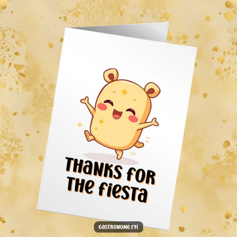 Funny free printable thank you card: A happy burrito character dancing with enthusiasm, conveying thanks with a lively pose.