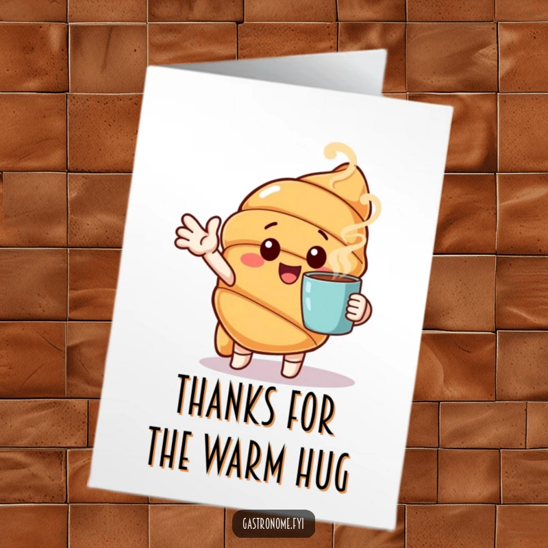 Funny Free Printable Thank You Card: A cheerful croissant character gestures enthusiastically towards a steaming cup, offering warm thanks.