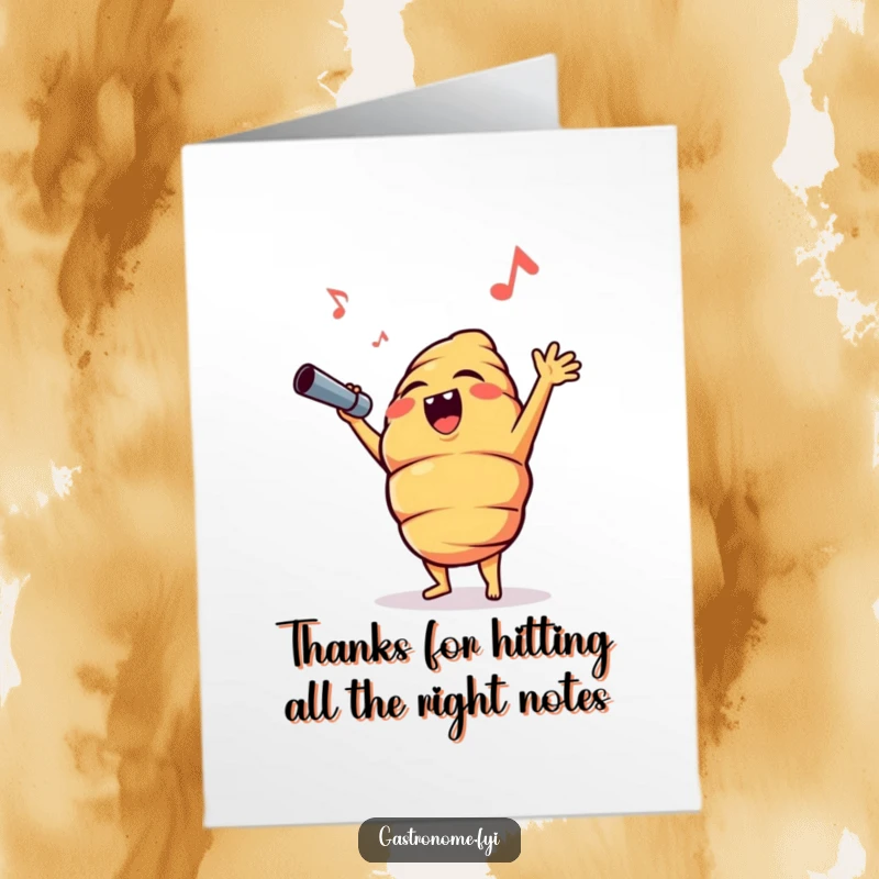 Funny Free Printable Thank You Card: Opera croissant in mid-aria, expressing gratitude with a dramatic, musical flourish.