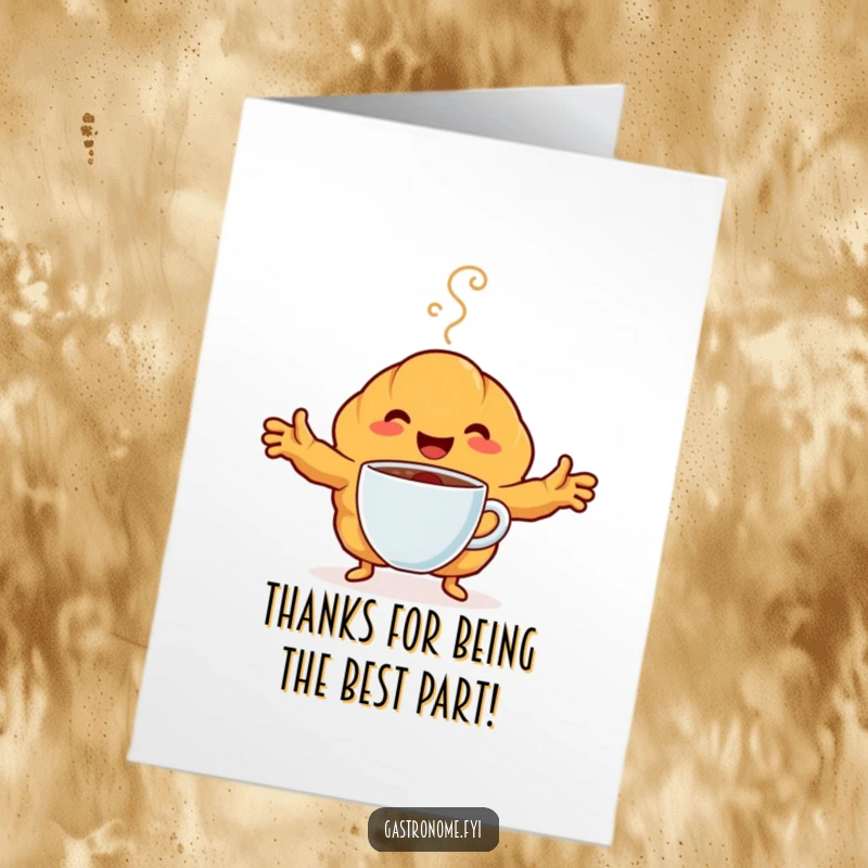 Funny Free Printable Thank You Card featuring a happy croissant character embracing a steaming coffee cup.