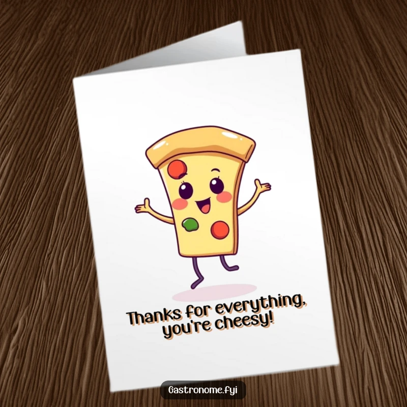 Funny Free Printable Thank You Card: Cheerful pizza slice character dancing with joy, showing thanks.