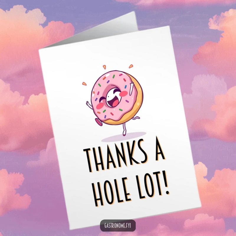 Funny Free Printable Thank You Card: A giggling donut with sprinkles performs a cartwheel, sending thanks.