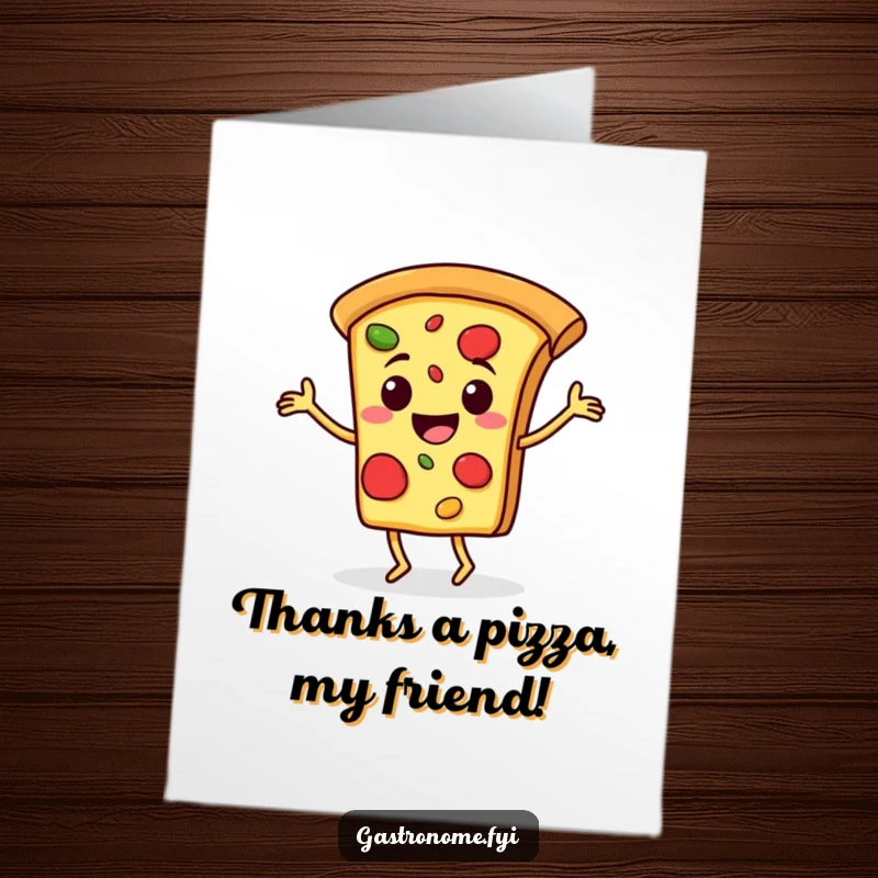 Funny Free Printable Thank You Card: A happy pizza slice performs a cheerful jig, offering thanks.
