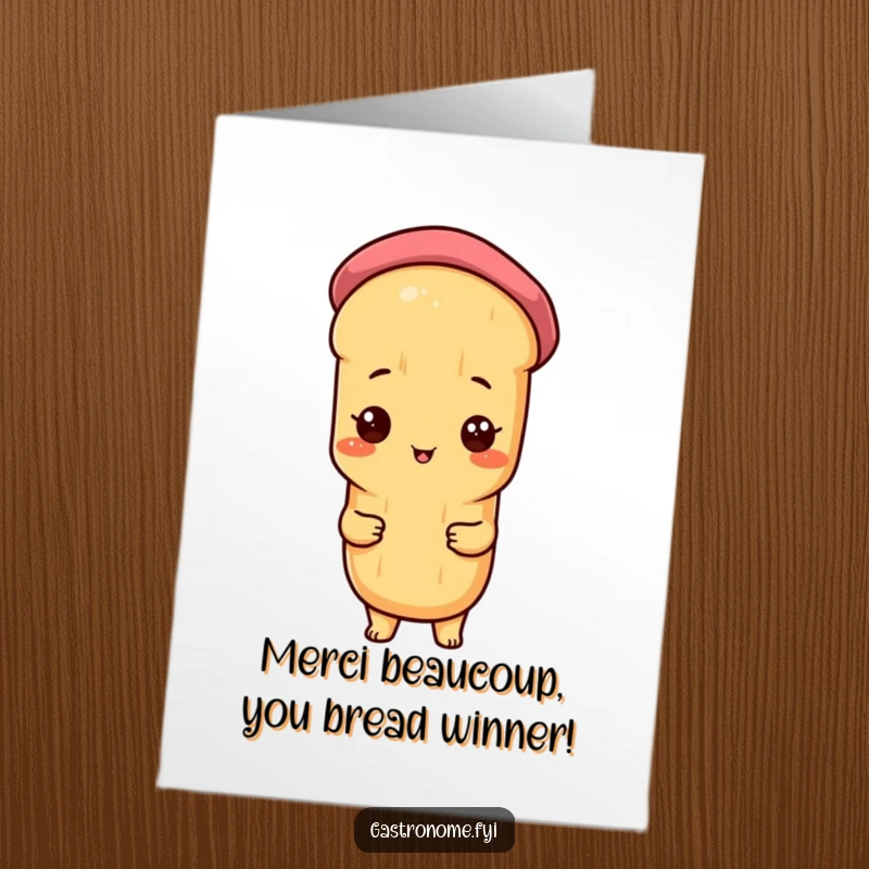 Funny Free Printable Thank You Card: A proud baguette character stylishly adorned with a tiny beret, expressing thanks.