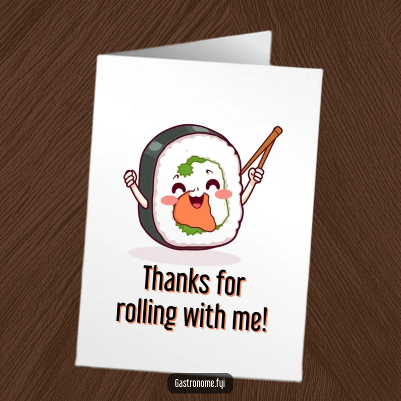Funny Free Printable Thank You Card: A happy sushi roll makes a big gesture waving its chopsticks in thanks.