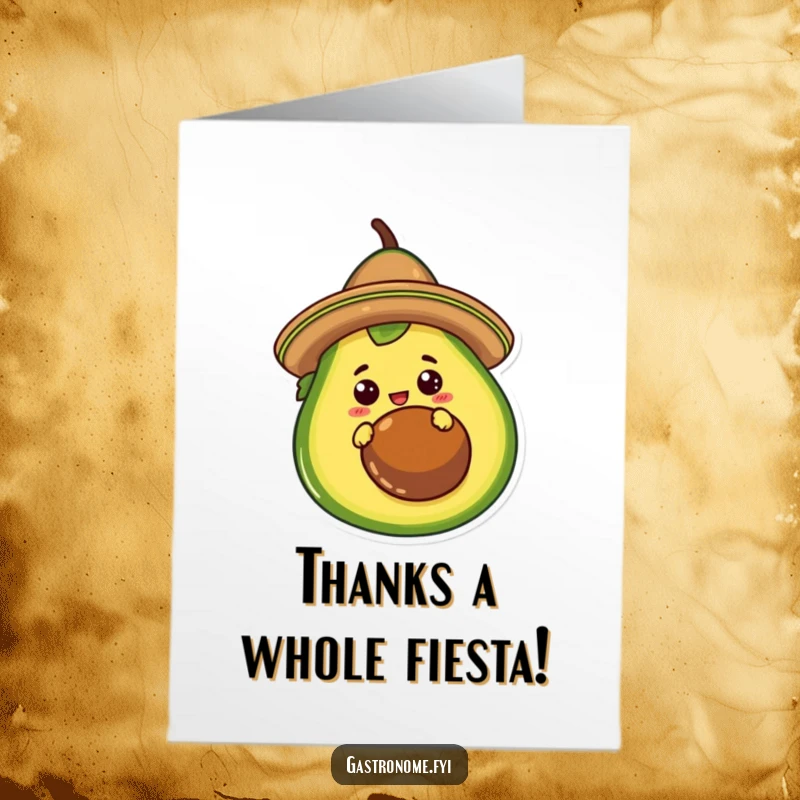 Funny Free Printable Thank You Card of a curious taco character in a sombrero peeking from behind an avocado.