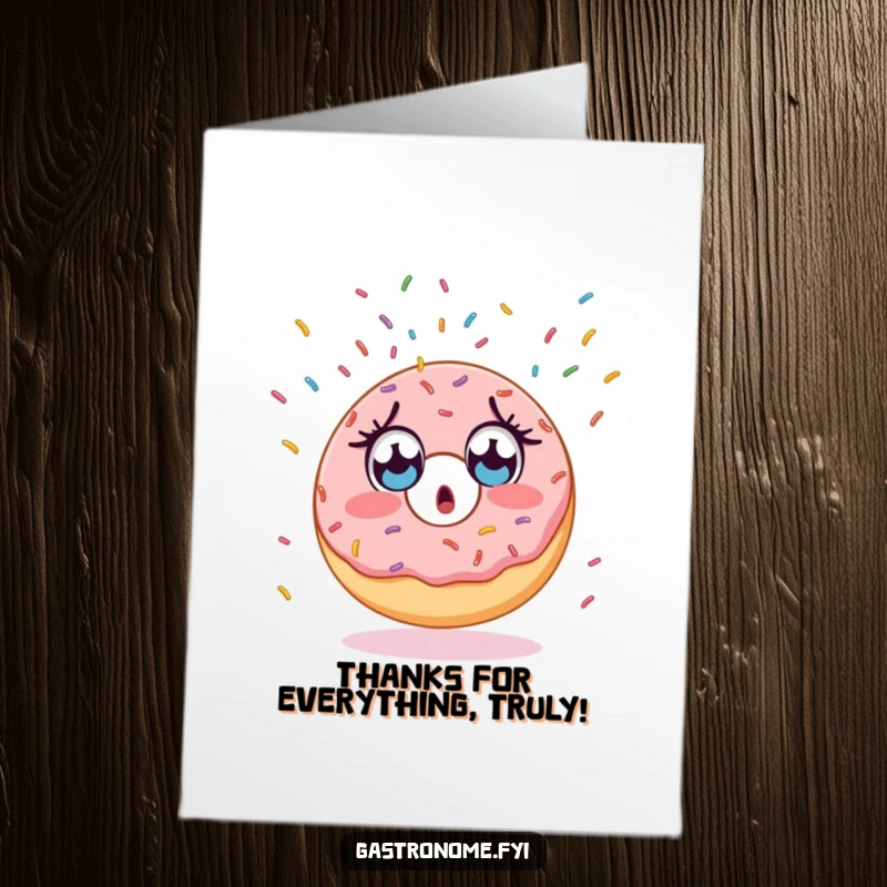 Funny Free Printable Thank You Card: A surprised donut character with wide eyes watches falling sprinkles, expressing thankful surprise humorously.