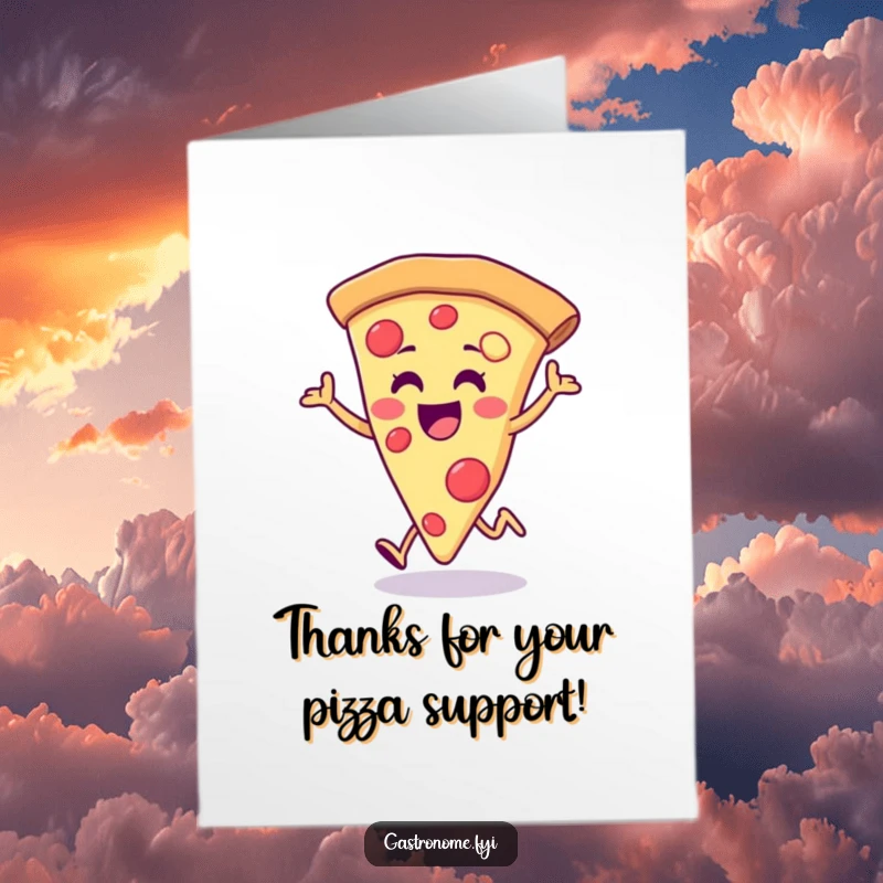 Funny Free Printable Thank You Card: A joyful pizza slice does a happy hop to show sincere appreciation.