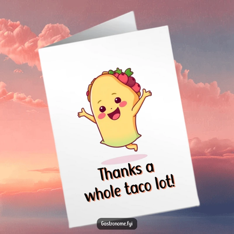 Funny Free Printable Thank You Card: A happy taco salsa dancing expresses sincere thanks for your thoughtful gesture.