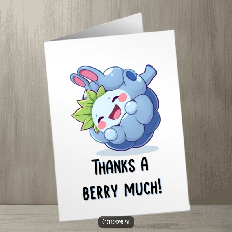 Funny Free Printable Thank You Card: A giggling blueberry doing a playful somersault, expressing thanks with joy.