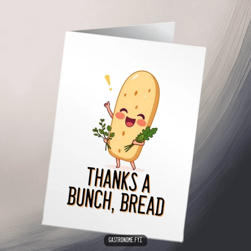 Funny Free Printable Thank You Card: Excited baguette offering a tiny bouquet of herbs as a thank you.