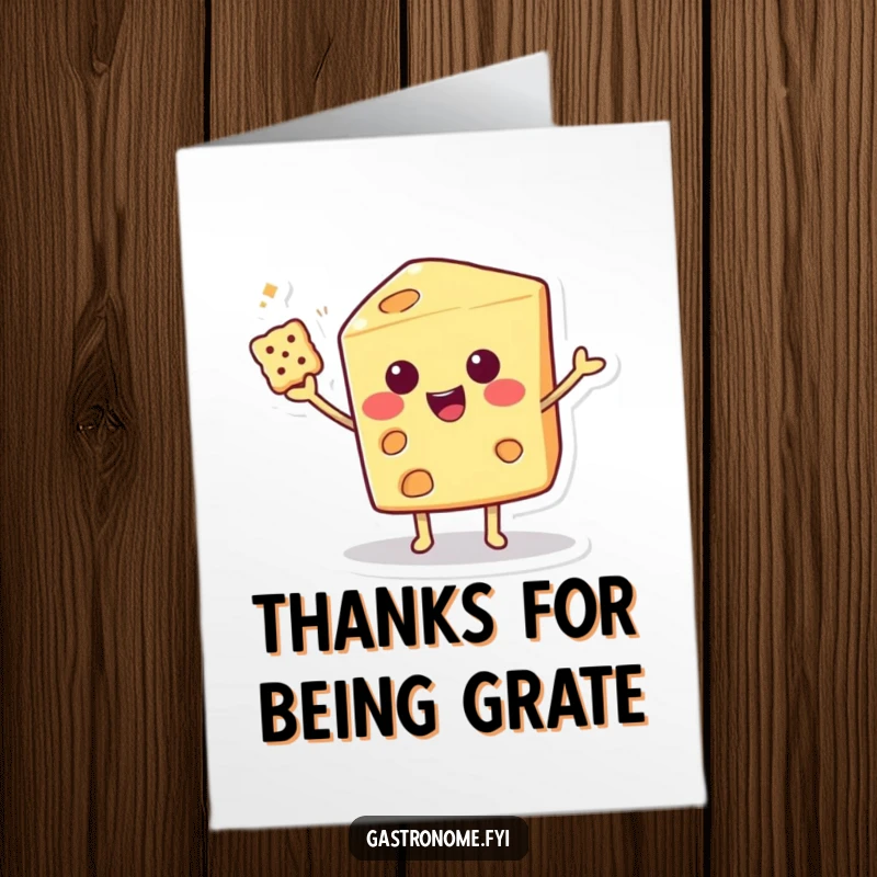 Funny Free Printable Thank You Card with a smiling cheese wedge balancing a cracker, expressing heartfelt thanks with a cheerful grin.