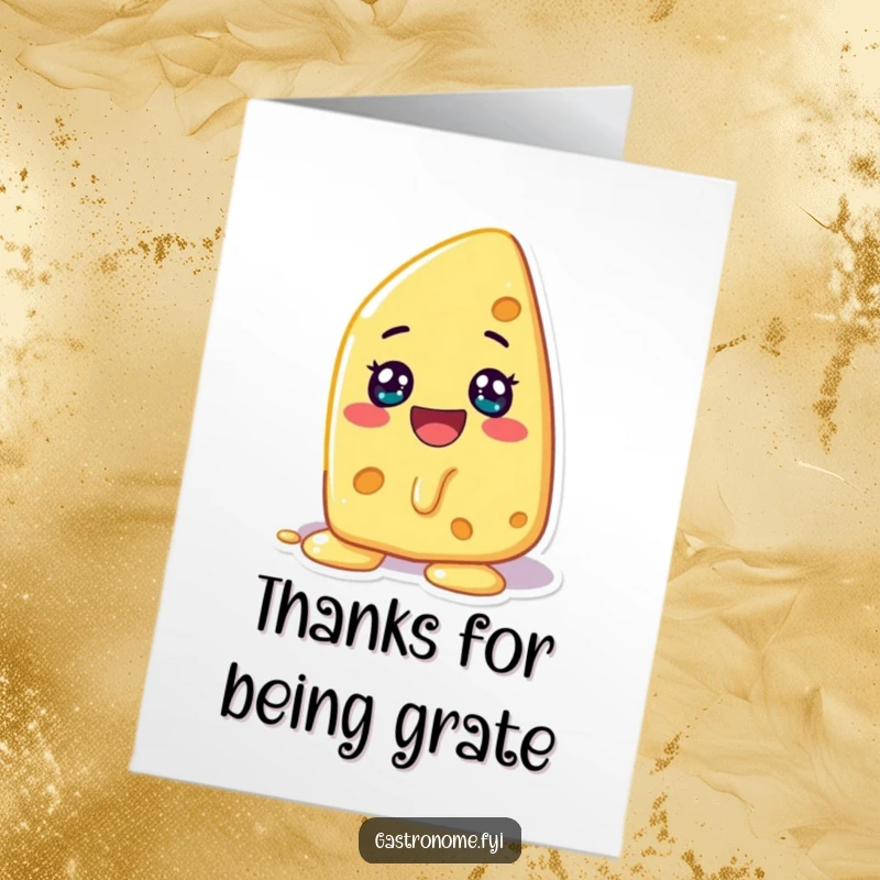 Funny free printable thank you card: A cheerful cheese character melting with glee, sending your heartfelt thanks.