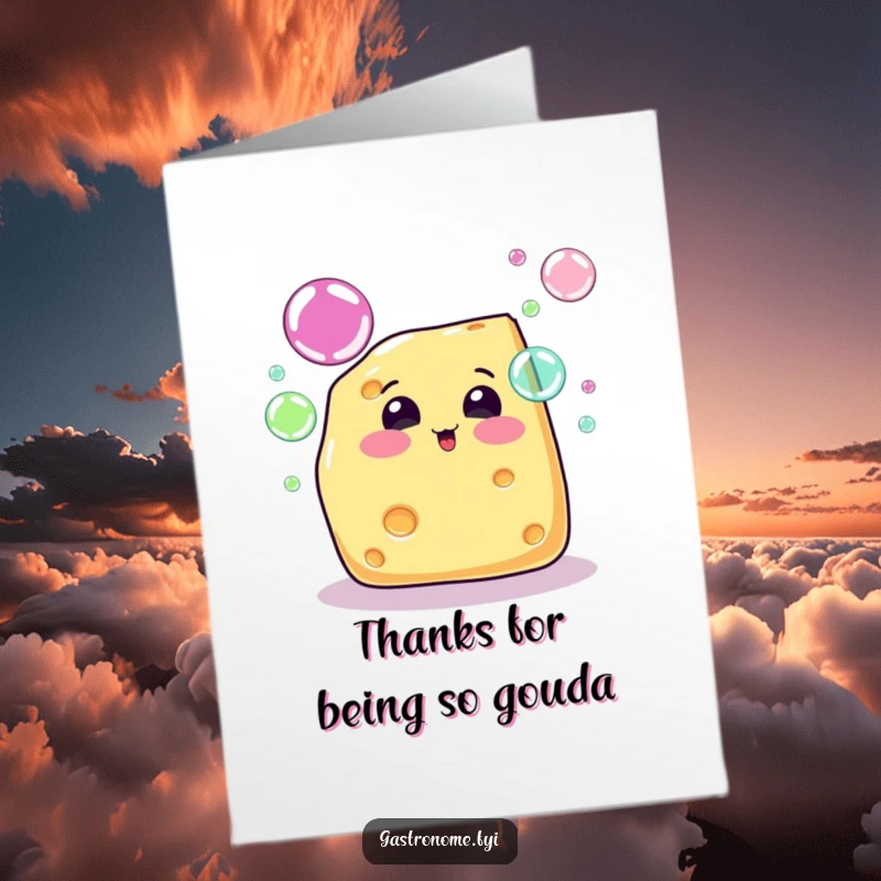 Funny Free Printable Cheese Thank You Card: Bubbly cheese wedge character blowing colorful rainbow bubbles, a fun thank you.