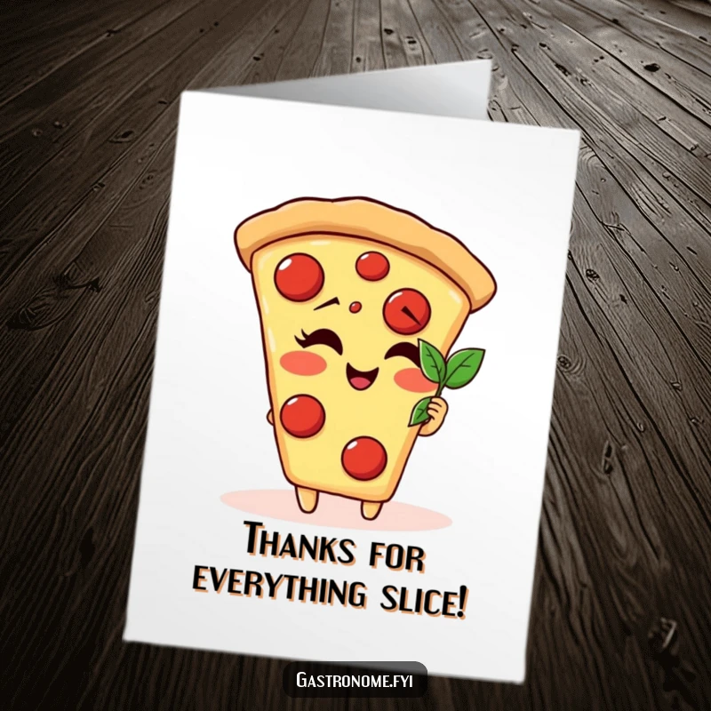 Funny Free Printable Thank You Card: a pizza slice character giggling while admiring a tiny basil leaf, expressing thanks.