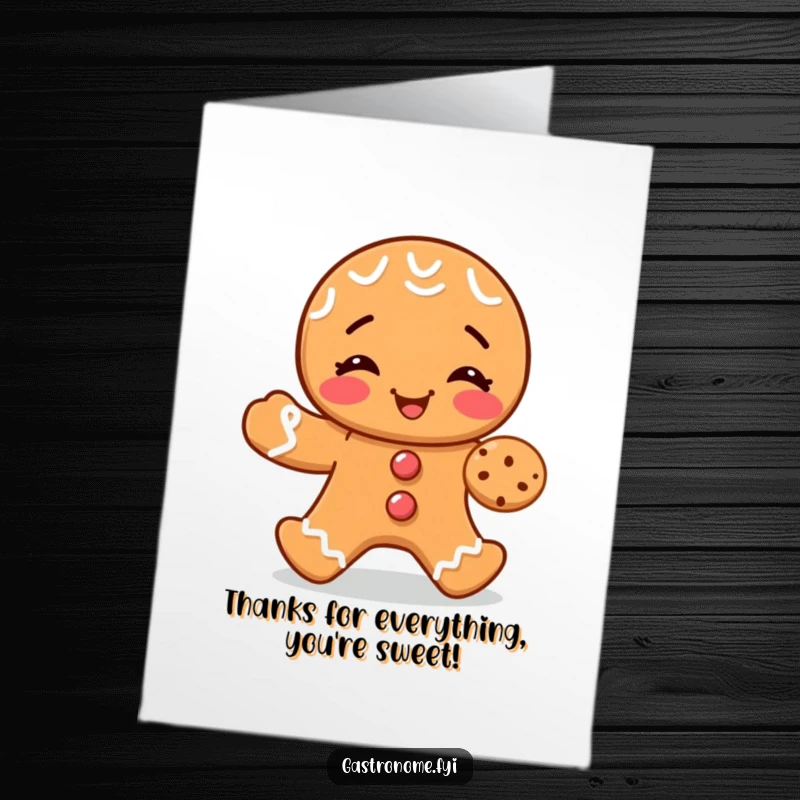 Funny Free Printable Thank You Card: Giggling gingerbread man shares a small cookie, showing heartfelt thanks.
