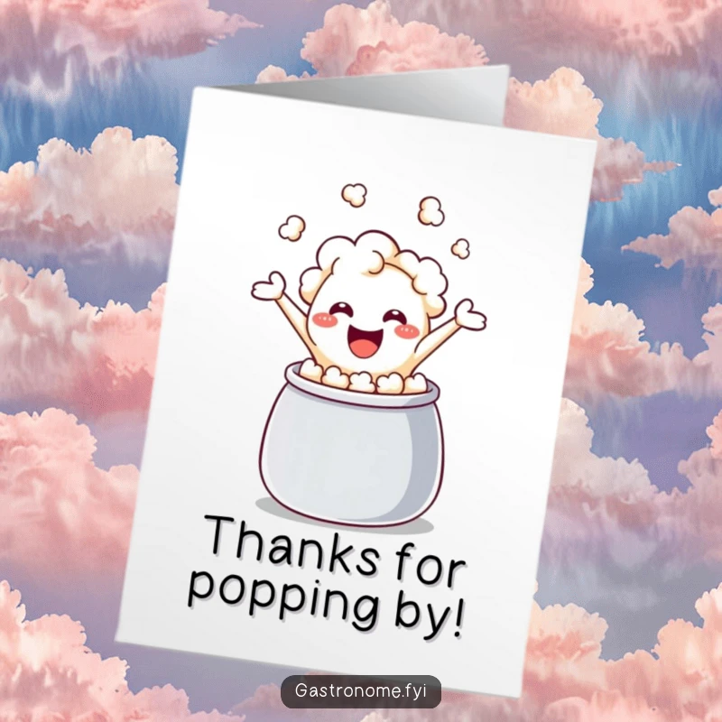 Funny free printable thank you card with a happy popcorn kernel jumping from a kettle, expressing warm thanks and appreciation.