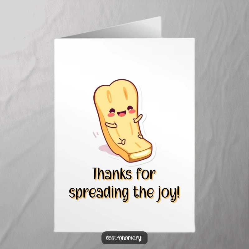 Funny Free Printable Thank You Card featuring a smiling baguette character sliding down a butter pat to express thanks.