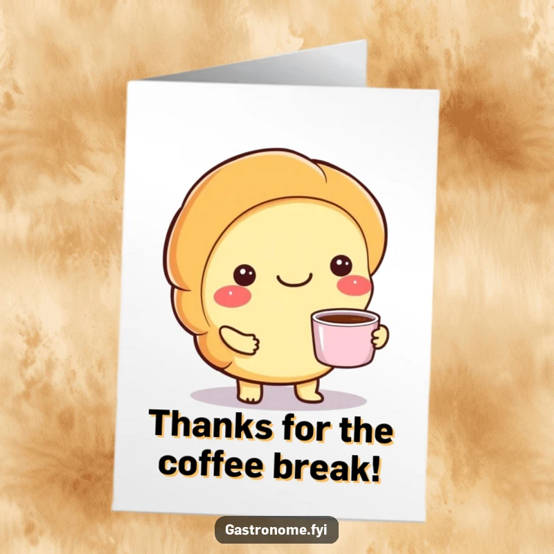Funny Free Printable Thank You Card: A smiling croissant character serves a tiny cup of coffee, offering thanks.