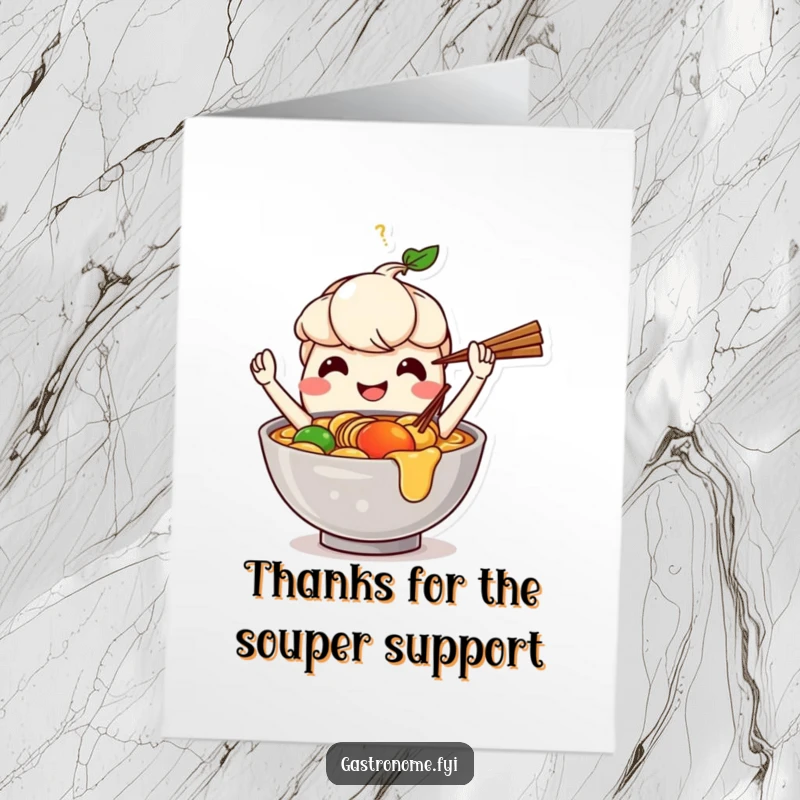 Funny free printable thank you card: A smiling ramen bowl character expertly juggling chopsticks, sending warm thanks.