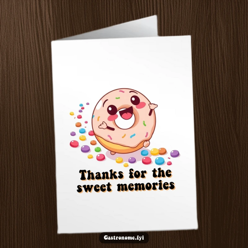Funny Free Printable Thank You Card: Joyful donut character rolling downhill, leaving a candy trail. Sweet and appreciative message.