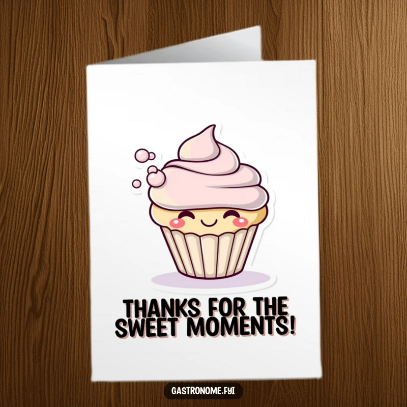 Funny Free Printable Thank You Card of a smiling cupcake character dramatically blowing a small puff of frosting.