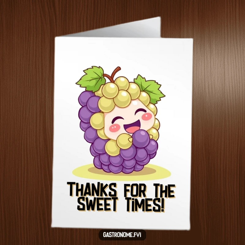 Funny Free Printable Thank You Card depicting a jubilant grape cluster character rolling downhill with glee.