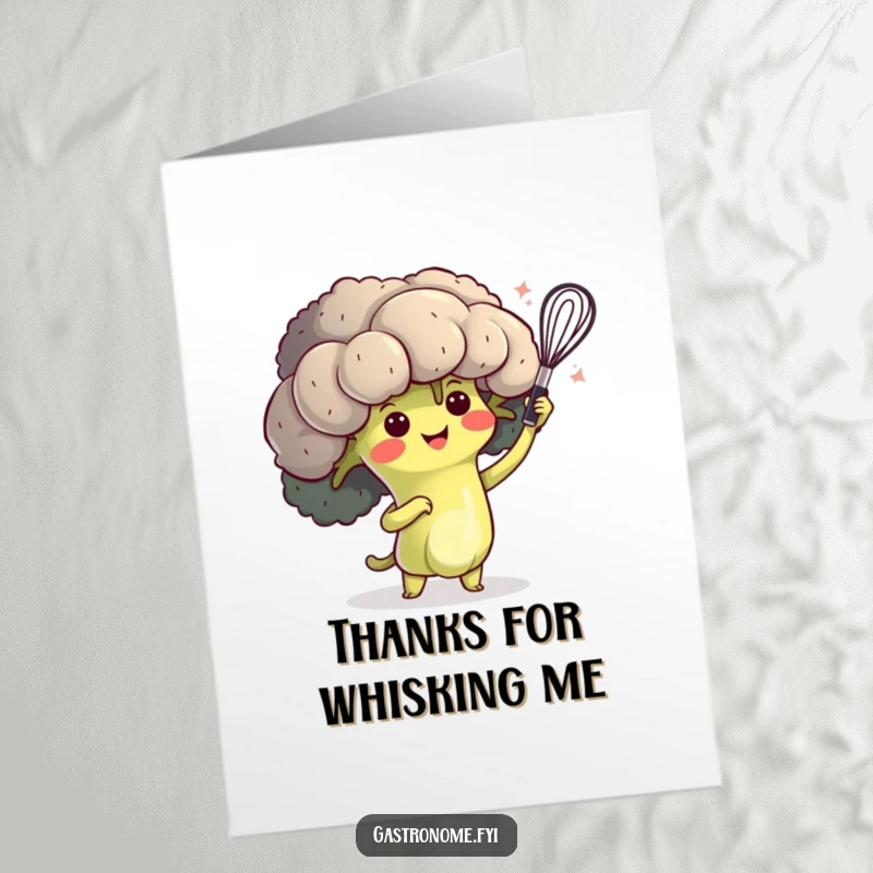 Funny Free Printable Thank You Card: A happy broccoli character makes a dramatic whisking flourish, conveying heartfelt and humorous thanks.