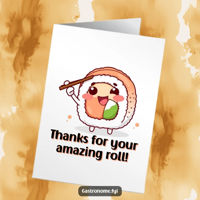 Funny Free Printable Thank You Card featuring a joyful sushi roll character enthusiastically gesturing thanks with chopsticks.