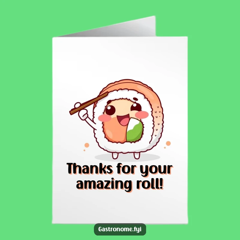 Free Printable Thank You Card: Grateful Sushi Roll Gestures. Downloadable Funny Gift.