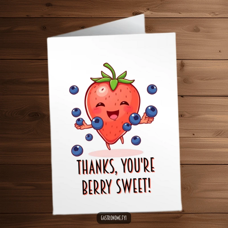 Funny Free Printable Thank You Card of a cheerful strawberry character gleefully juggling tiny blueberries.
