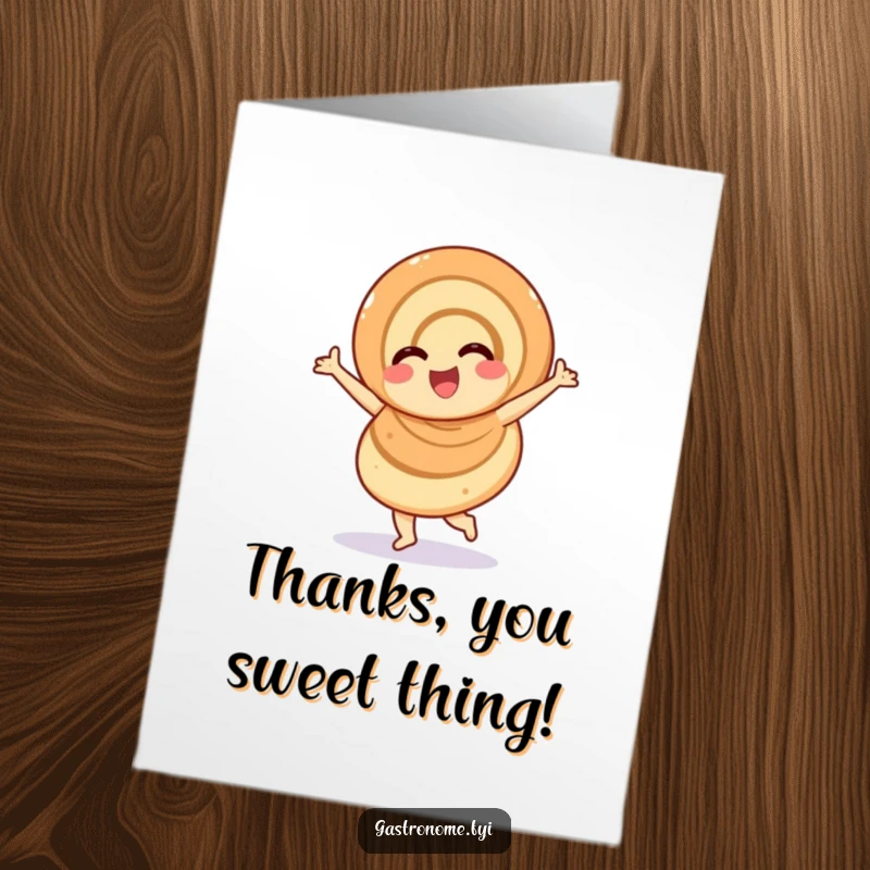 Funny Free Printable Thank You Card: An overjoyed cinnamon roll doing a cheerful twirl to express sweet gratitude.