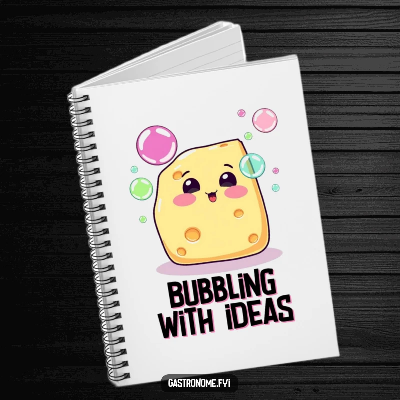 Funny cheese wedge character blowing rainbow bubbles on a notebook cover, inspiring cheerful and bubbly note-taking.