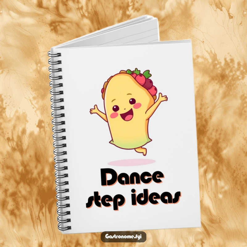 Funny taco notebook featuring a smiling taco performing a joyful salsa dance, ideal for notes and creative inspiration.