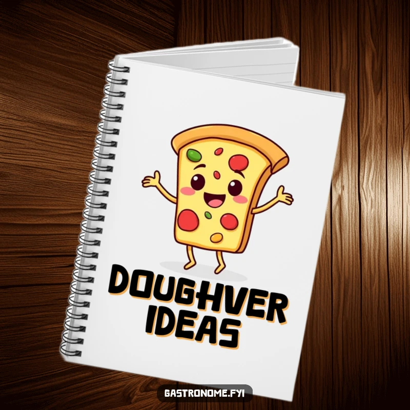 Funny notebook cover with a cheerful pizza slice character doing a happy jig, ready to capture your notes and doodles.