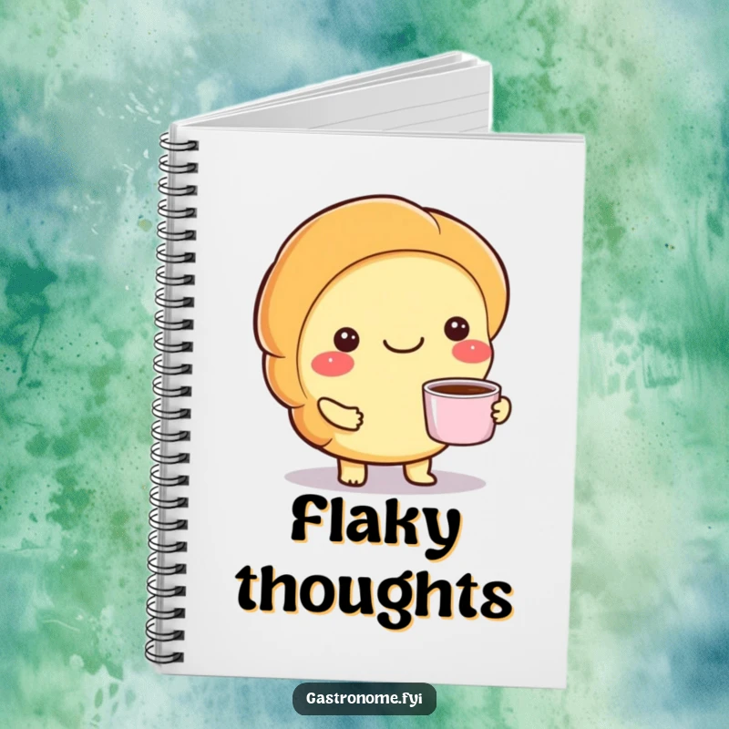 Funny notebook cover with a smiling croissant character holding a small cup of coffee, ready for your notes.