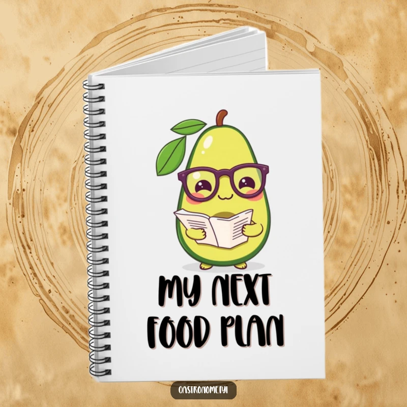 Funny notebook with a pleased avocado wearing glasses, holding a recipe, perfect for jotting down notes and jokes.