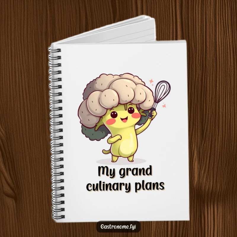 Funny notebook with a happy broccoli character performing a dramatic whisk flourish, perfect for recipe writing.
